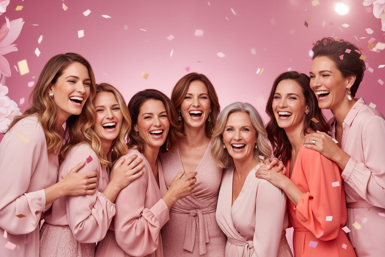generate me a happy group of women with pink background image